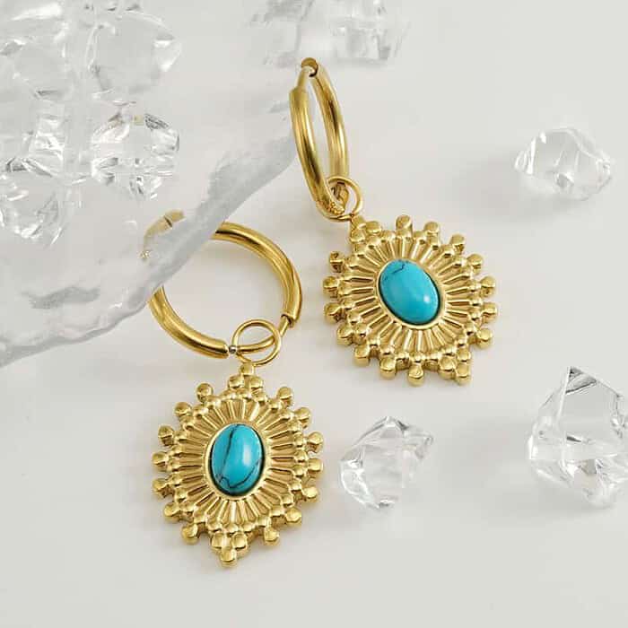 Boho Gold Damen Ohrhänger mit Türkis Stein – Bild 4