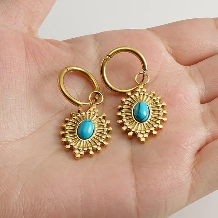 Boho Gold Damen Ohrhänger mit Türkis Stein – Bild 3
