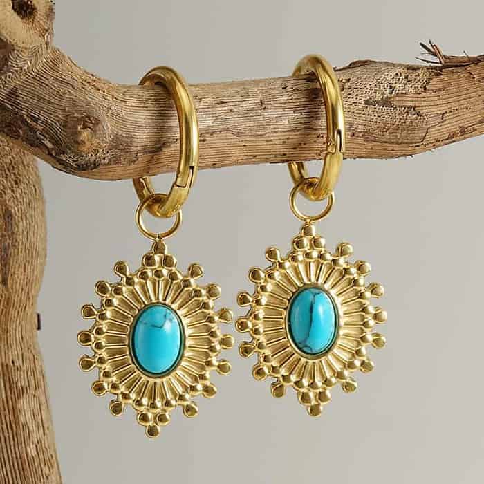 Boho Gold Damen Ohrhänger mit Türkis Stein – Bild 2