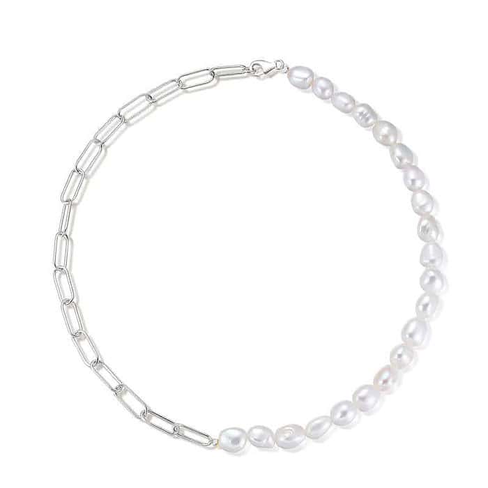 Damen Kette Halb Perlen Halb Silber 42cm – Bild 4