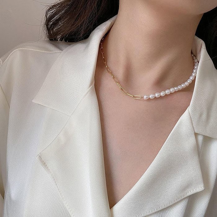 Damen Kette Halb Perlen Halb Silber 42cm – Bild 3