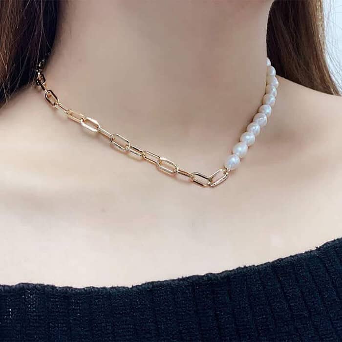 Damen Kette Halb Perlen Halb Silber 42cm – Bild 2