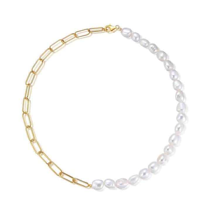 Damen Kette Halb Perlen Halb Silber 42cm