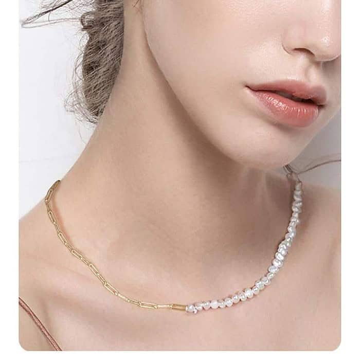 Damen Kette Halb Perlen Halb 14k Vergoldet Gold – Bild 2