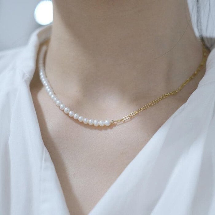 Damen Kette Halb Perlen Halb Gold – Bild 2