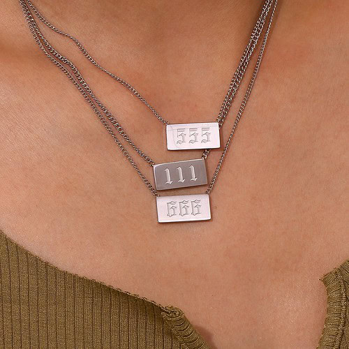 Damen Zahlen Kette Plättchen Silberfarben
