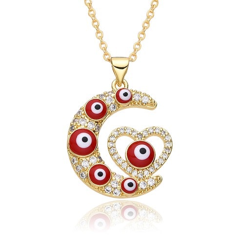 Damen Herz Kette Gold Mond Auge