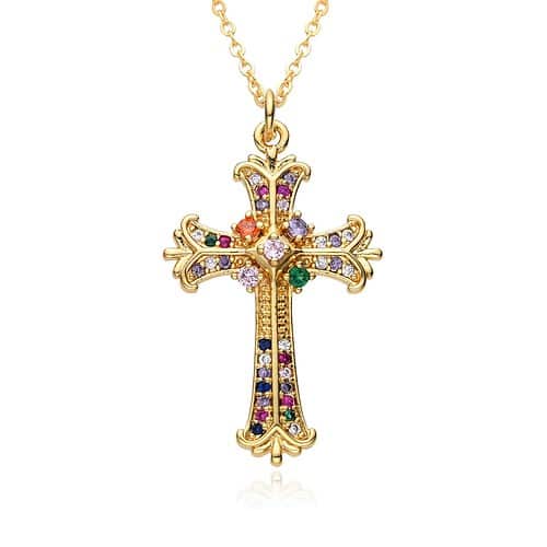 Kreuz Kette Bunte Zirkonia Gold 17