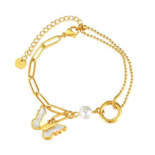 Damen Titan schmetterling Charm Armband und Gold Gliederarmband mit Perlen