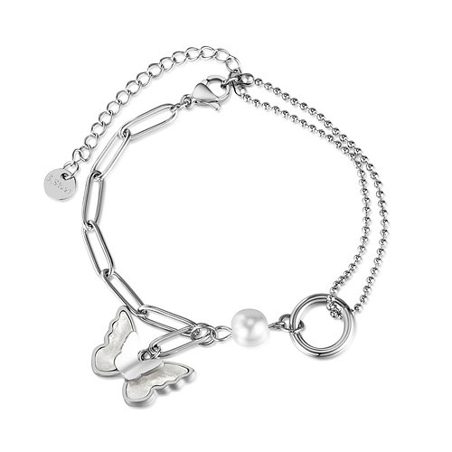 Silber Bettelarmband / Charm Armband in Titan für Damen mit Schmetterling Anhänger und Suβwasser Perle