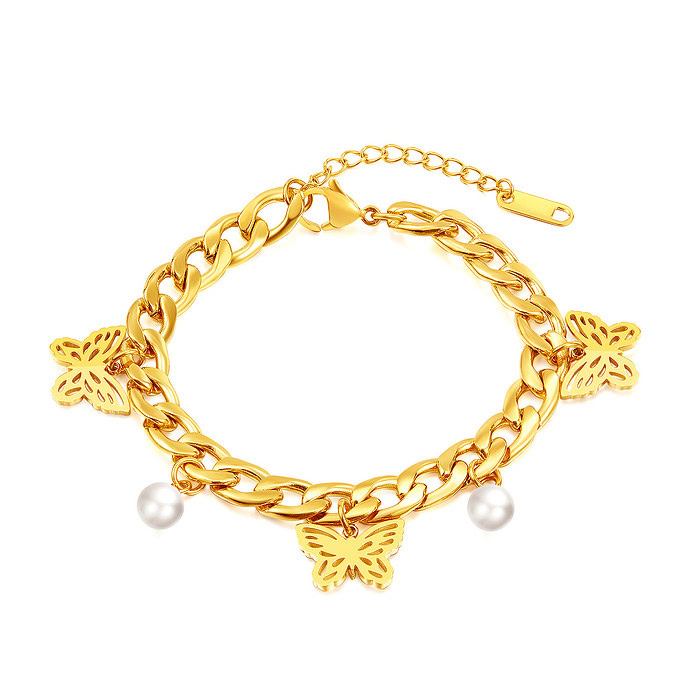 Gliederarmband - Charm Armband aus Gold Kette mit Perlen und Schmetterling Anhänger