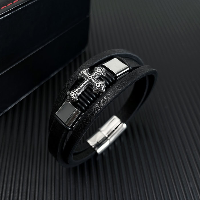 Kreuz Armband Leder Schwarz