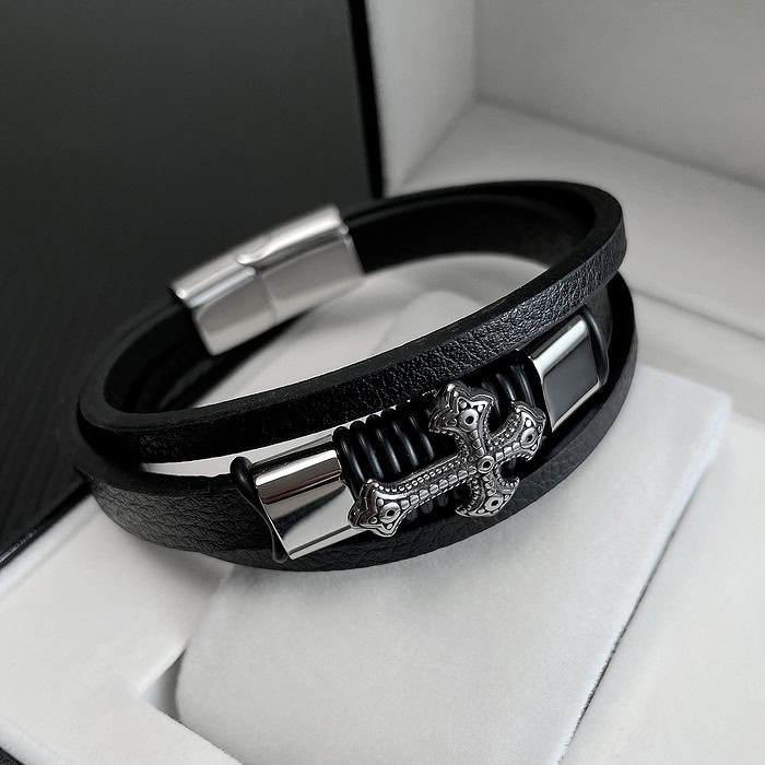 Kreuz Armband Leder Schwarz
