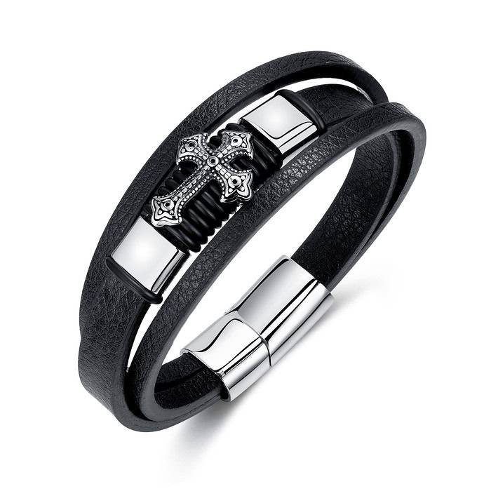 Kreuz Armband Leder Schwarz