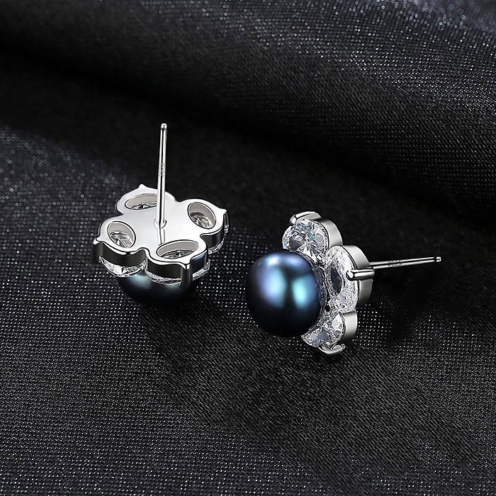 Blumen Ohrringe Stecker mit Schwarz Perlen
