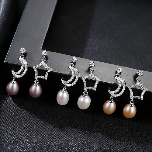perlen Ohrringe Silber mit Mond und Stern