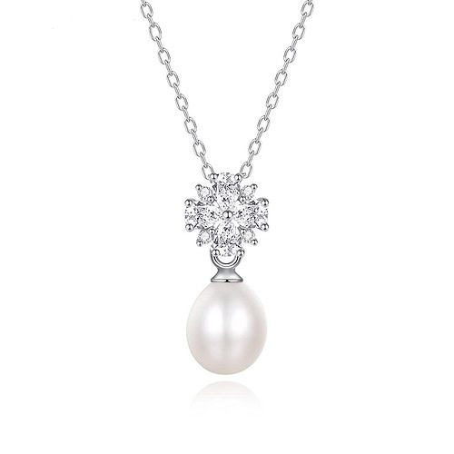 Silber Kette mit Perlenanhänger und Blumen