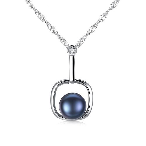 damen Silber Kette mit perlenanhänger Schwarz