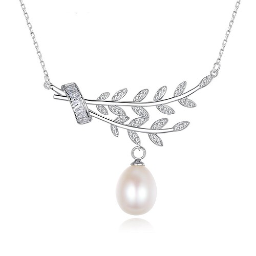 Silber Blatt kette mit Perlenanhänger