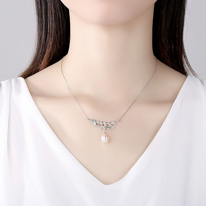 Silber Blatt kette mit Perlenanhänger