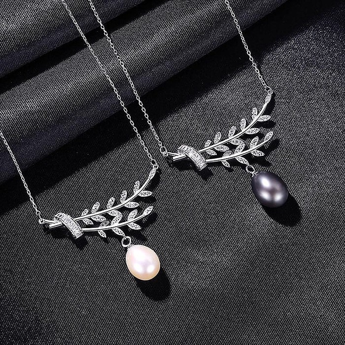 Silber Blatt kette mit Perlenanhänger