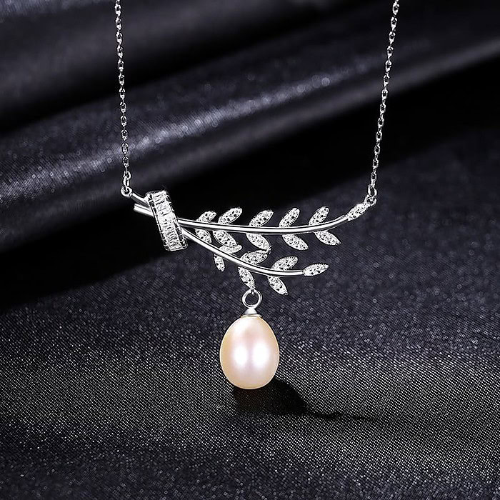 Silber Blatt kette mit Perlenanhänger