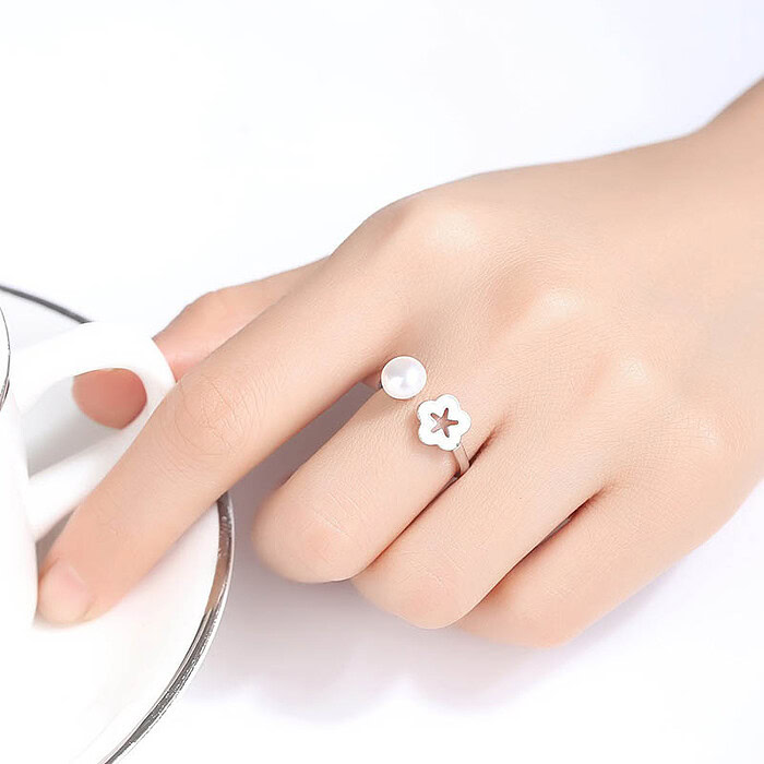 Silber Blume Ring mit Perle