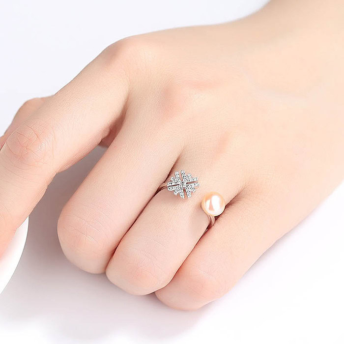 Damen Blume Ring mit Perle