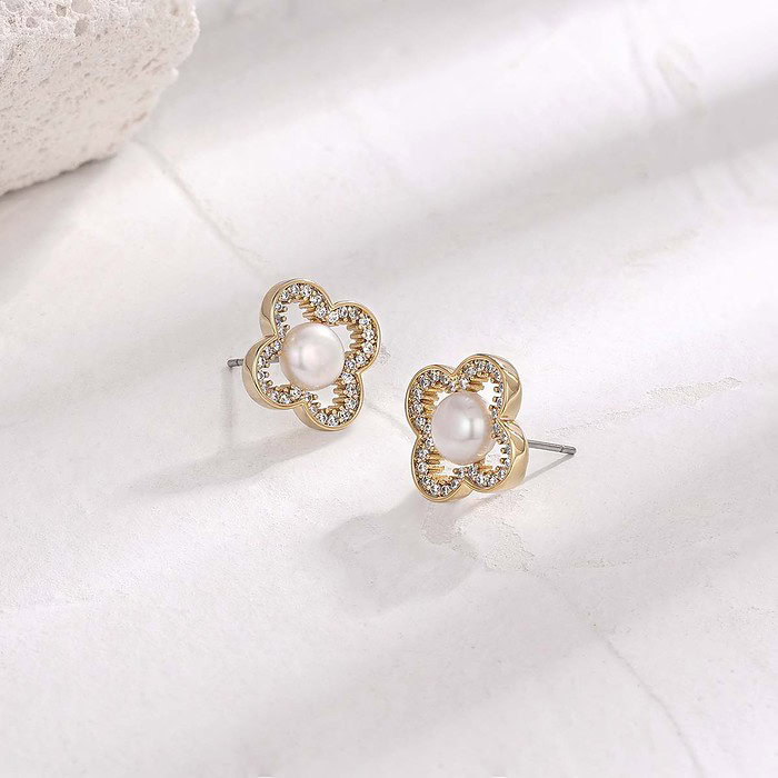 Kleeblatt Ohrringe Stecker mit Perle