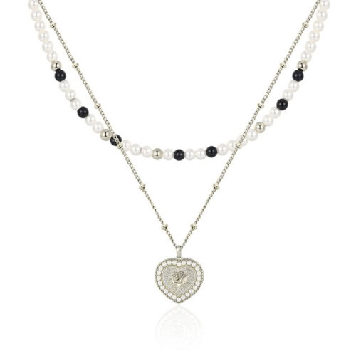 Double Layer Kette mit Herzanhänger und Perle