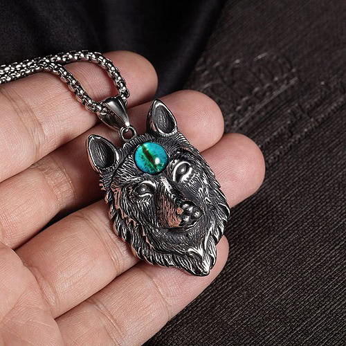 Wolfskopf Kette mit Türkisen