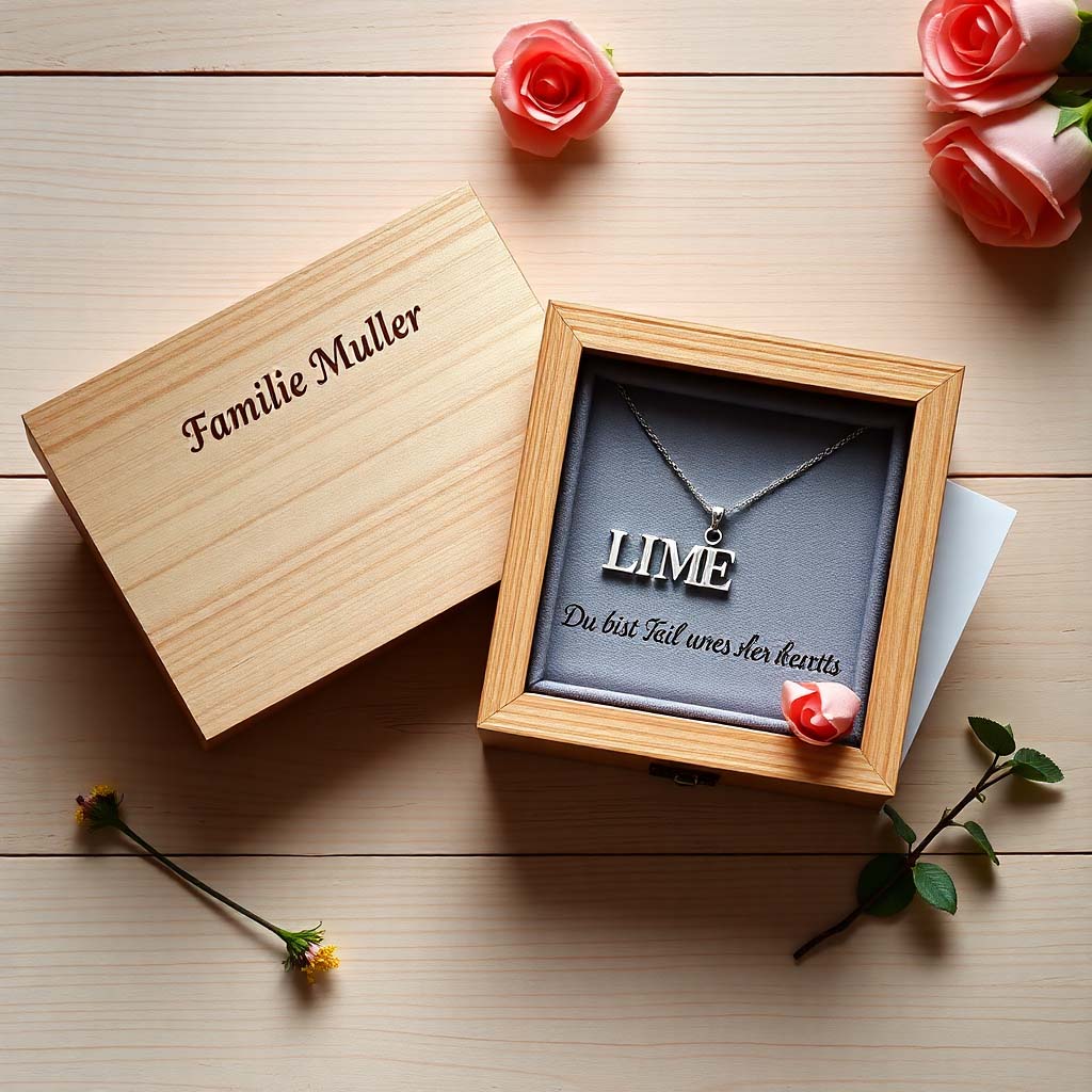 Personalisierte Geschenkpräsentation - Eine gravierte Holzgeschenkbox mit einer Familienkette und einer handgeschriebenen Karte mit der emotionalen Botschaft "Du bist Teil unseres Herzens", passend zum Abschnitt "Personalisierte Geschenkpräsentation".