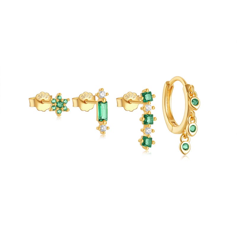 Damen Ohrstecker Set mit Grüner Stein