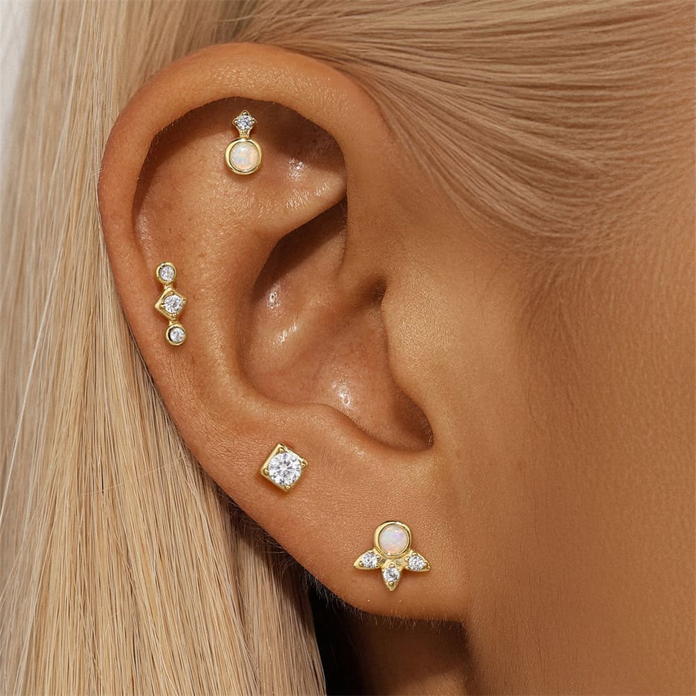 Damen Ohrstecker 4er Set mit Zirkonia und Opal