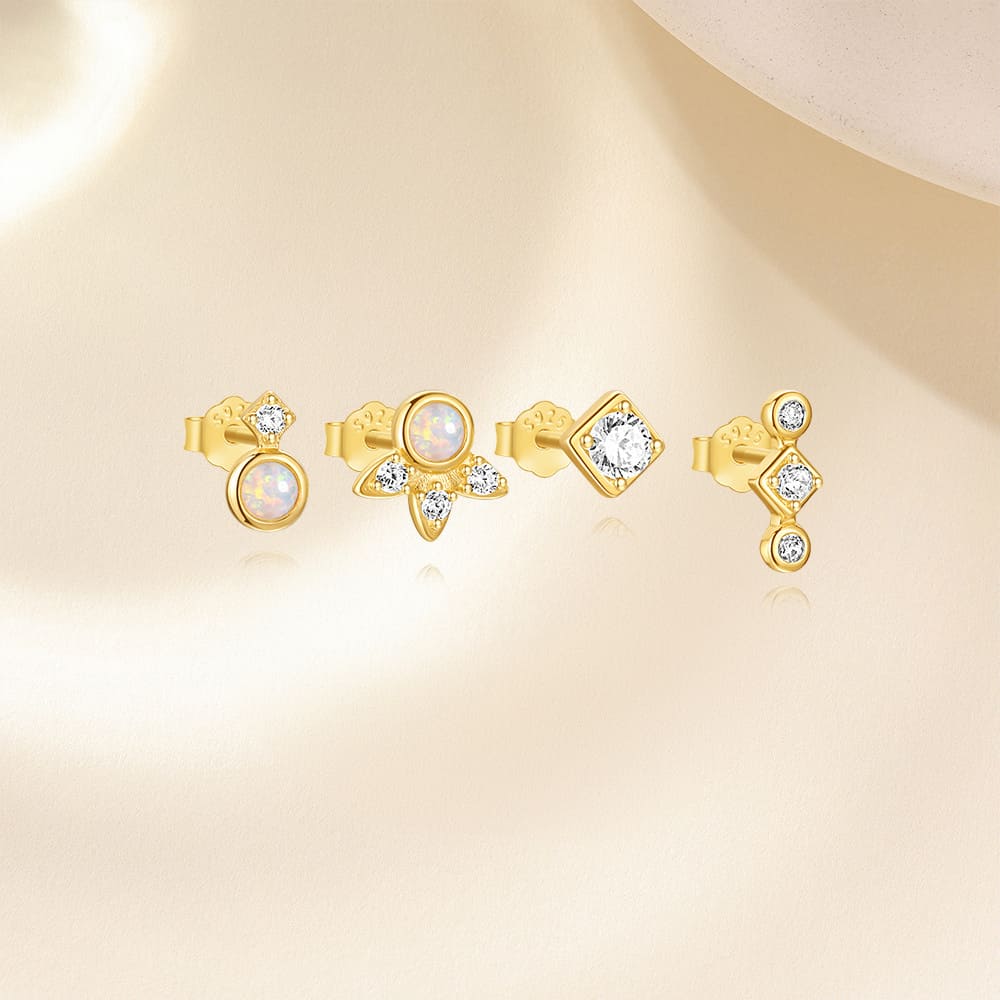 Damen Ohrstecker 4er Set mit Zirkonia und Opal