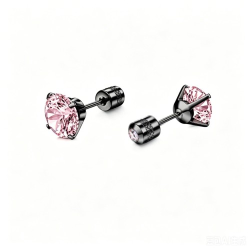 Medizinische Doppel-Zirkonia Ohrstecker aus 316L Chirurgenstahl mit Schraubverschluss - Rosa