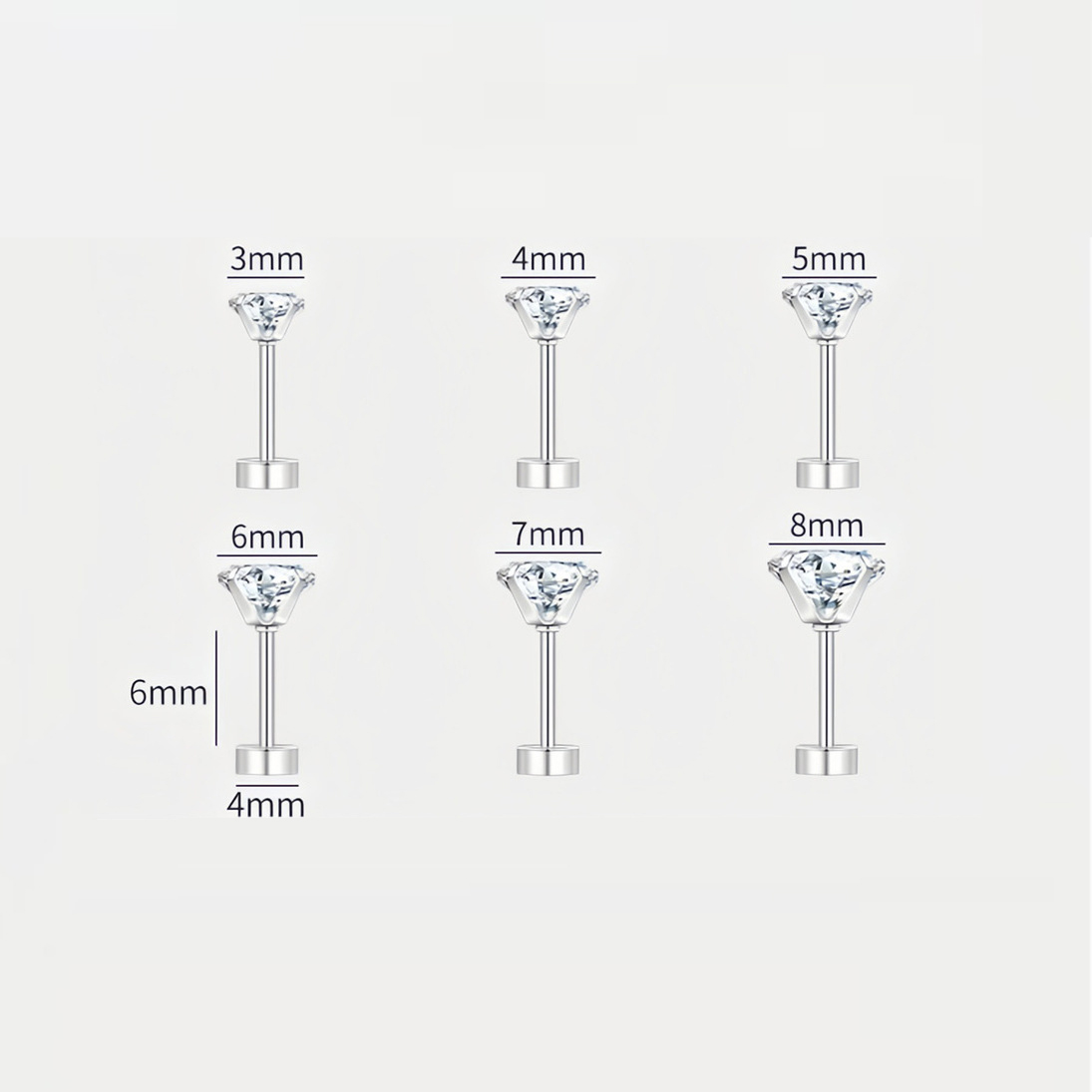 Zirkonia-Ohrstecker aus 316L Chirurgenstahl Verschiedene Größen von 3–8 mm